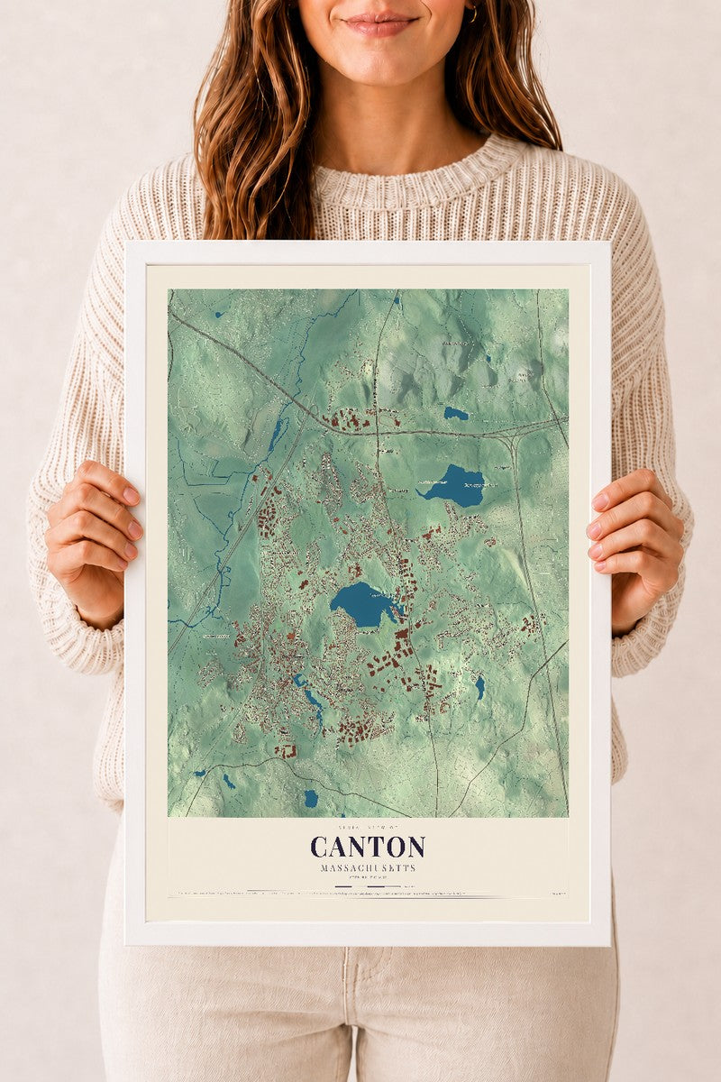 Canton, Massachusetts map print - 12 x 18 white Ayous wood frame