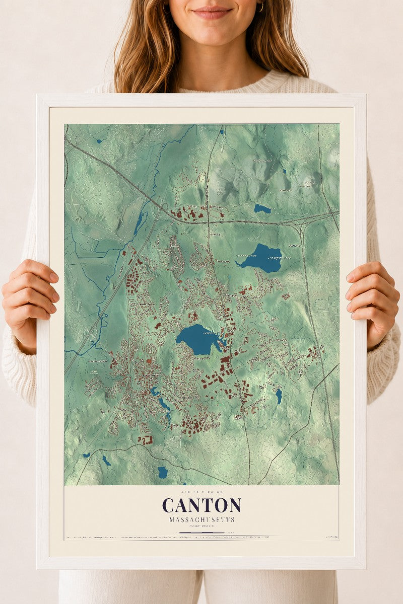 Canton, Massachusetts map print - 18 x 24 white Ayous wood frame