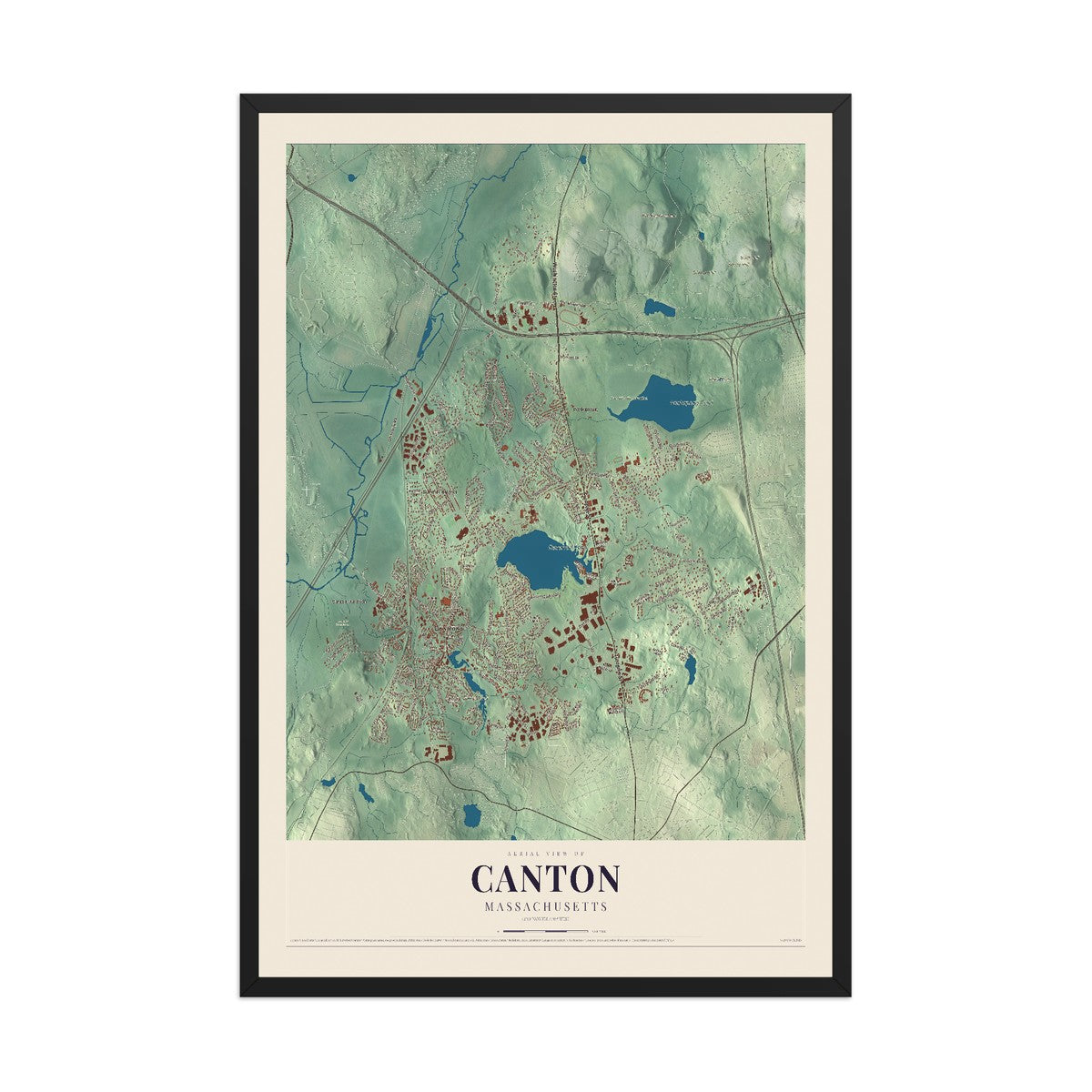 Map of Canton, Massachusetts, 12 x 18 inch print in a black wood frame