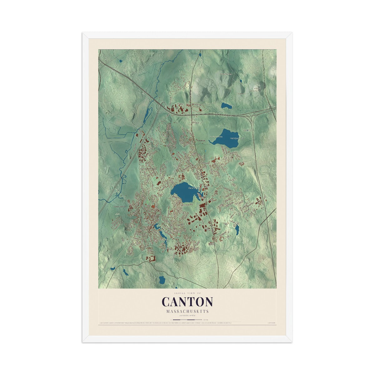 Map of Canton, Massachusetts, 12 x 18 inch print in a white wood frame