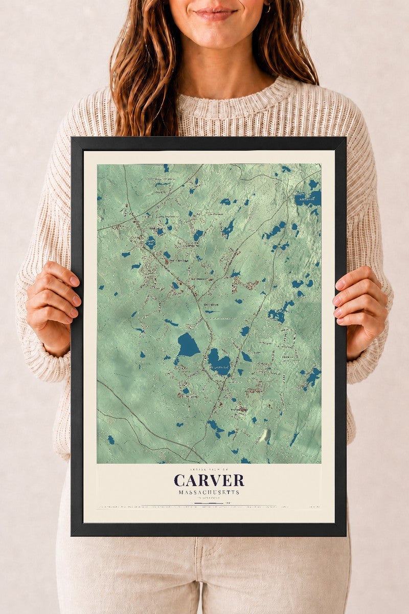 Carver, Massachusetts map print - 12 x 18 black Ayous wood frame