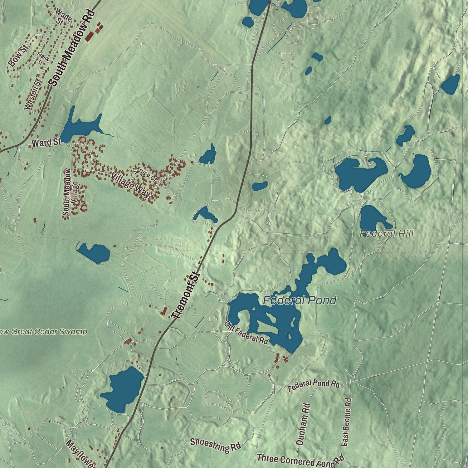 Terrain and local geography detail from the Carver, Massachusetts map