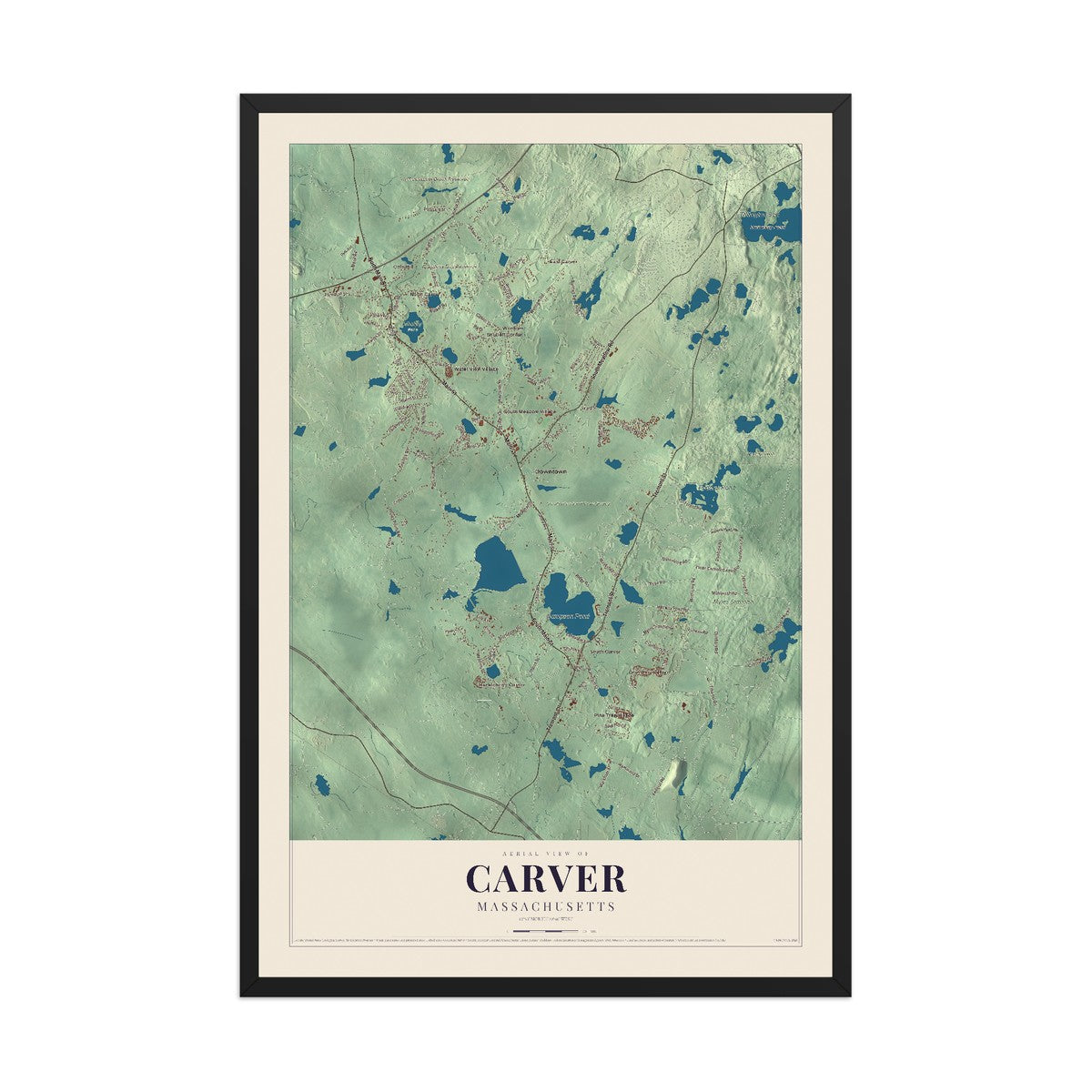 Map of Carver, Massachusetts, 12 x 18 inch print in a black wood frame