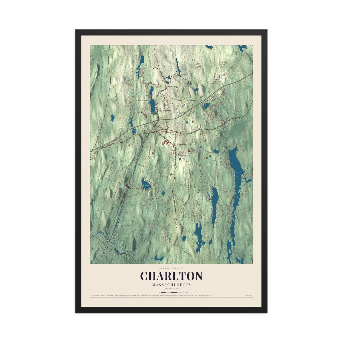 Map of Charlton, Massachusetts, 12 x 18 inch print in a black wood frame