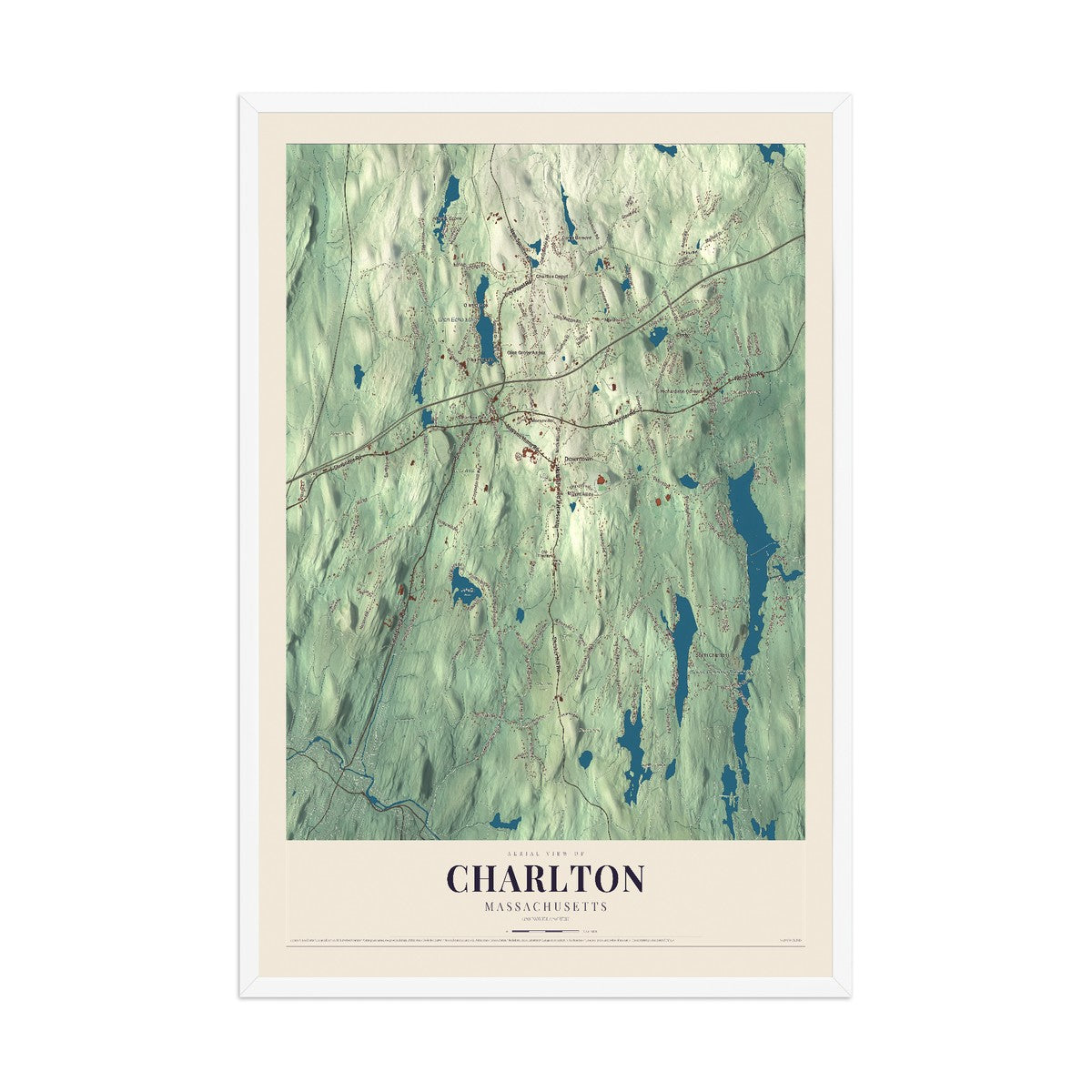 Map of Charlton, Massachusetts, 12 x 18 inch print in a white wood frame