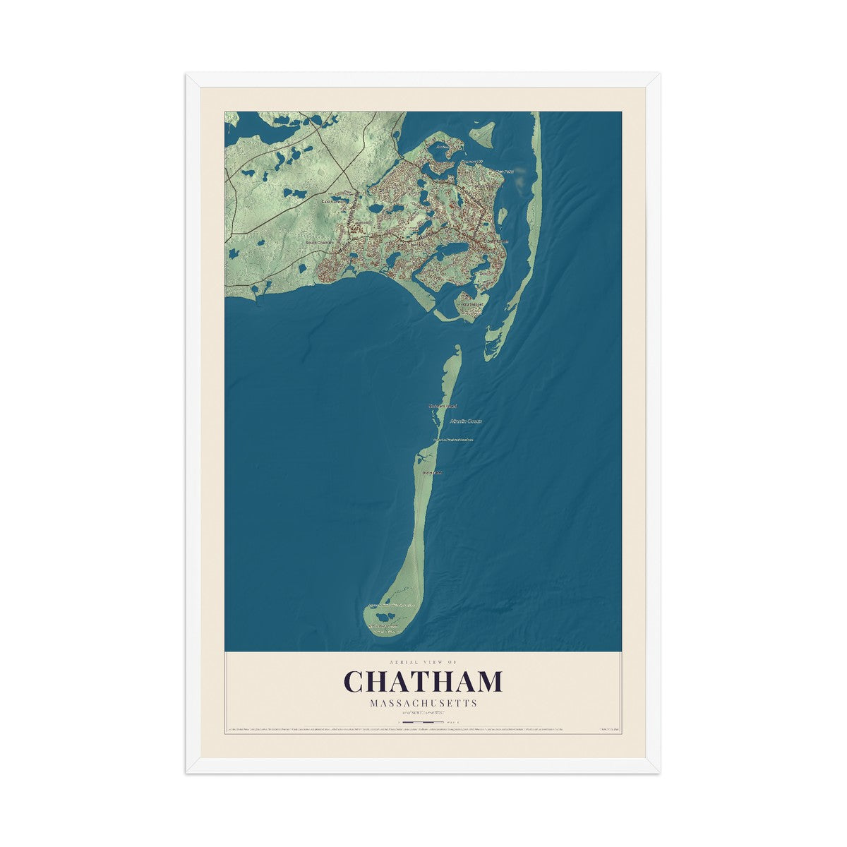 Map of Chatham, Massachusetts, 12 x 18 inch print in a white wood frame