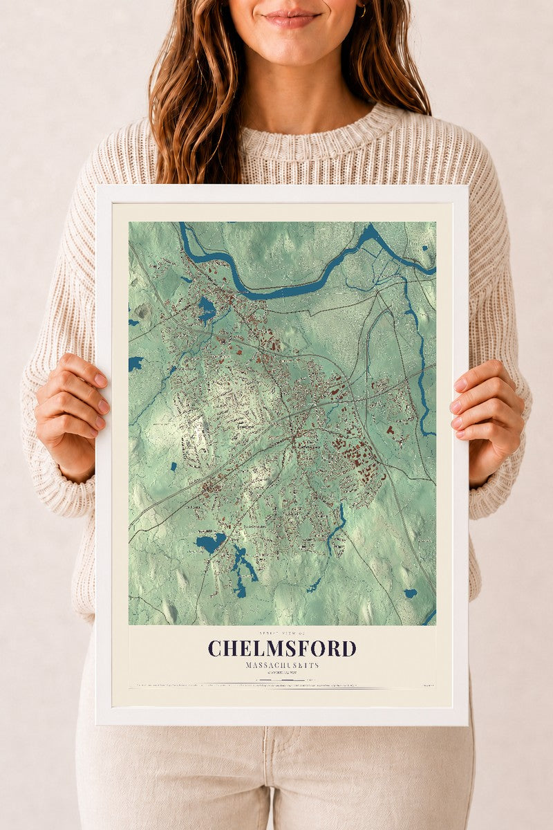 Chelmsford, Massachusetts map print - 12 x 18 white Ayous wood frame