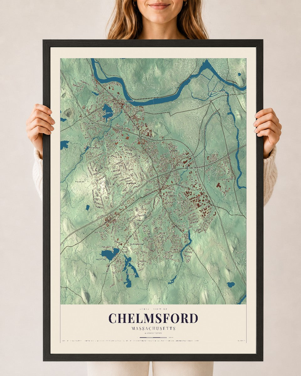 Chelmsford, Massachusetts map print - 24 x 36 black Ayous wood frame