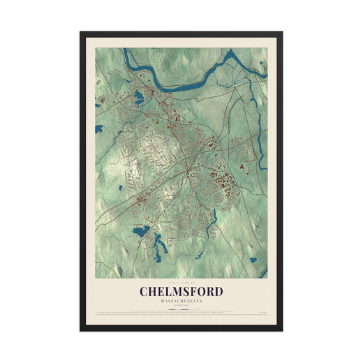 Map of Chelmsford, Massachusetts, 12 x 18 inch print in a black wood frame