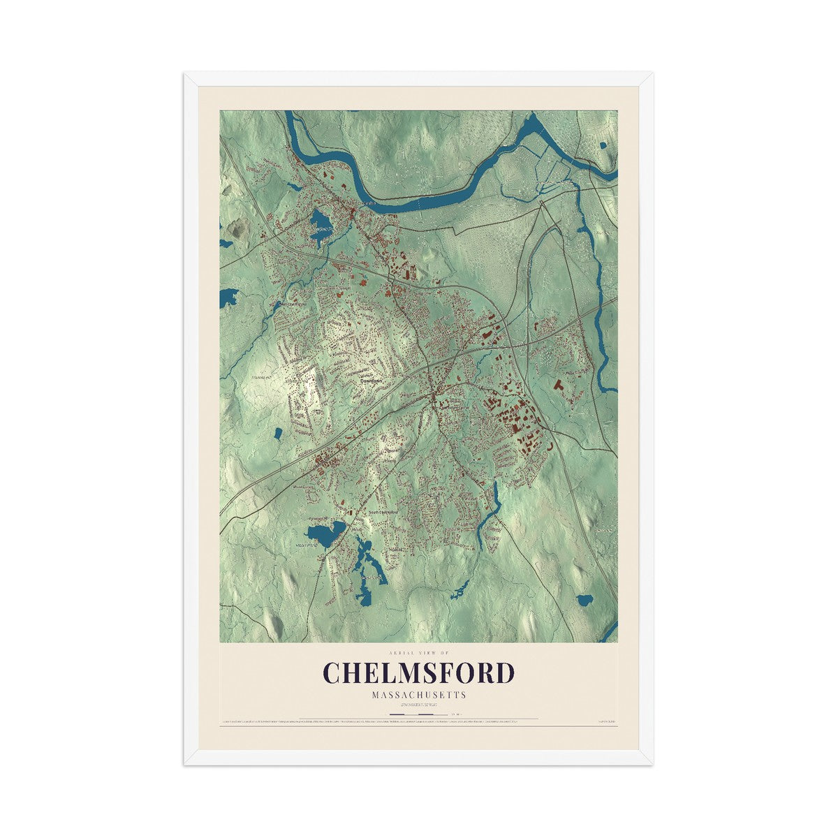 Map of Chelmsford, Massachusetts, 12 x 18 inch print in a white wood frame