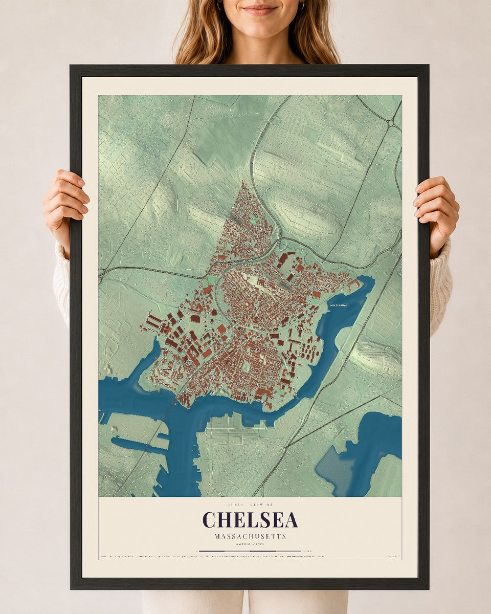 Chelsea, Massachusetts map print - 24 x 36 black Ayous wood frame