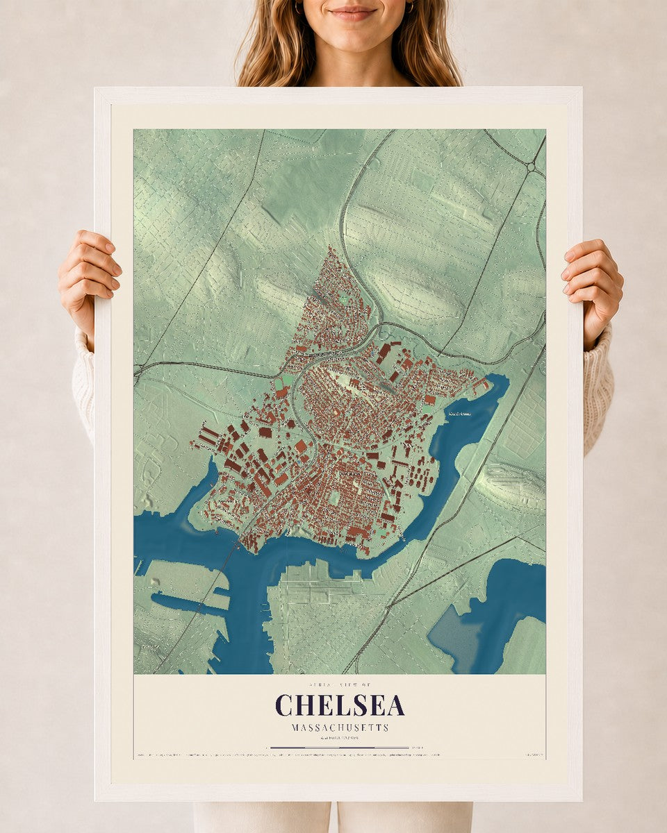 Chelsea, Massachusetts map print - 24 x 36 white Ayous wood frame