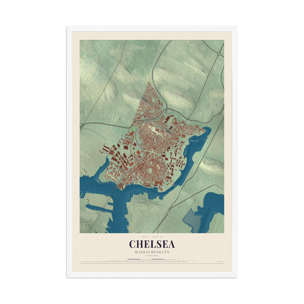Map of Chelsea, Massachusetts, 12 x 18 inch print in a white wood frame