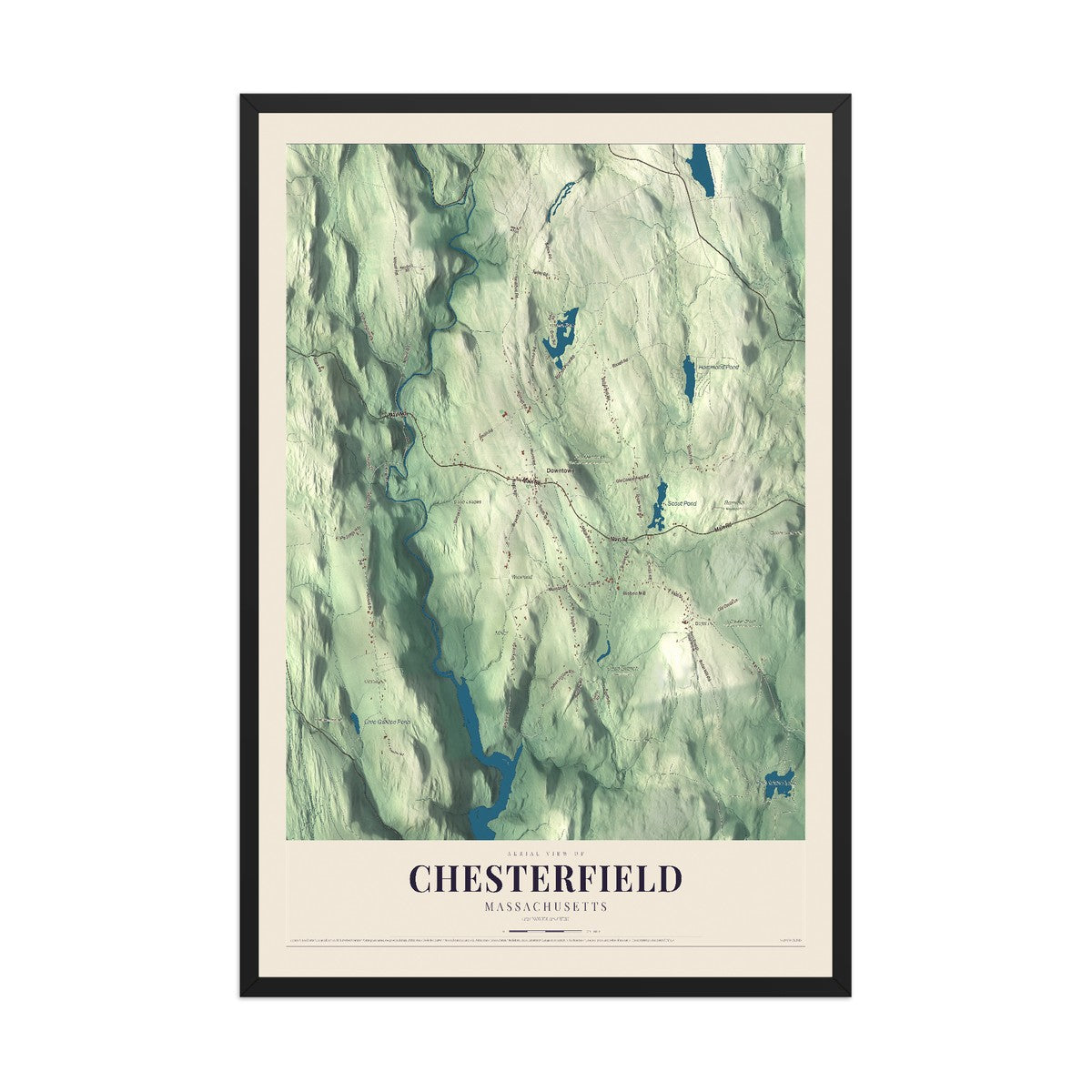 Map of Chesterfield, Massachusetts, 12 x 18 inch print in a black wood frame