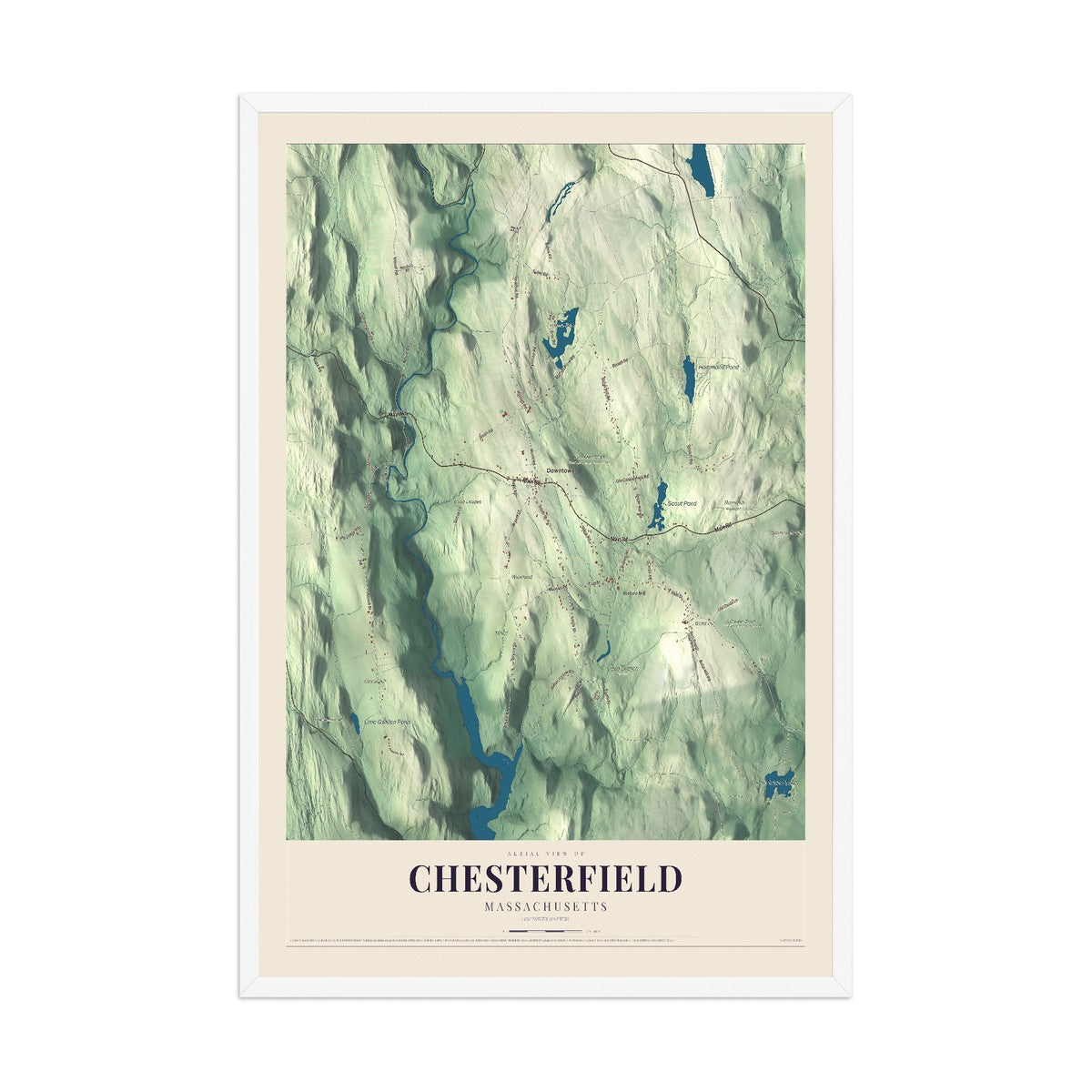 Map of Chesterfield, Massachusetts, 12 x 18 inch print in a white wood frame