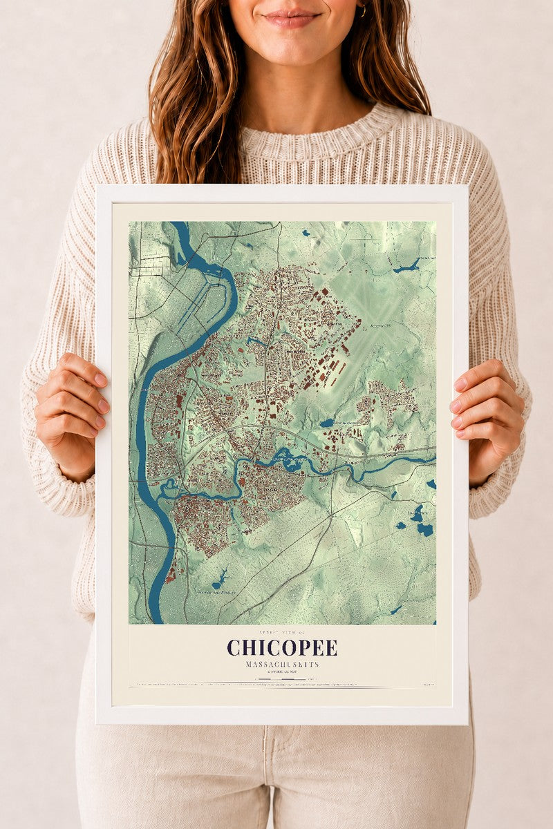 Chicopee, Massachusetts map print - 12 x 18 white Ayous wood frame