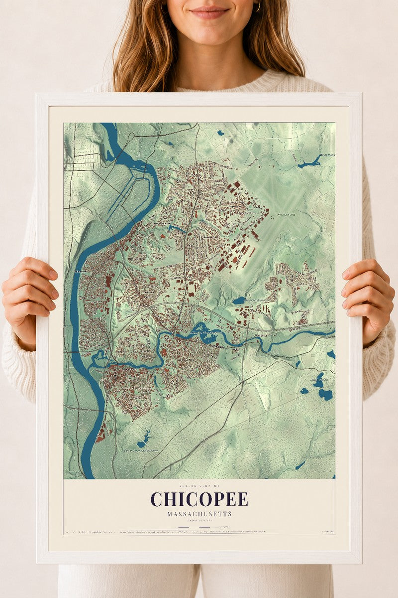 Chicopee, Massachusetts map print - 18 x 24 white Ayous wood frame