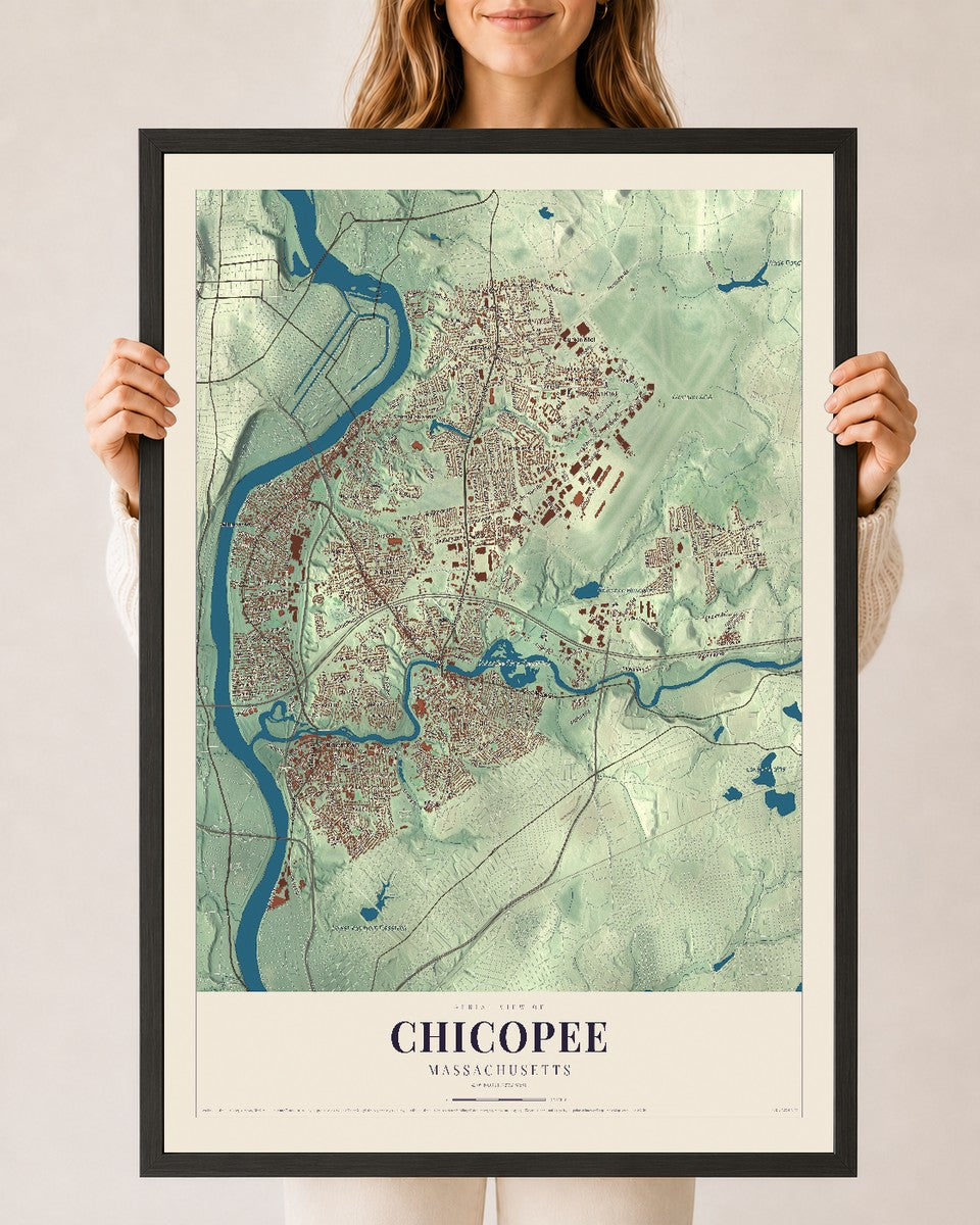 Chicopee, Massachusetts map print - 24 x 36 black Ayous wood frame