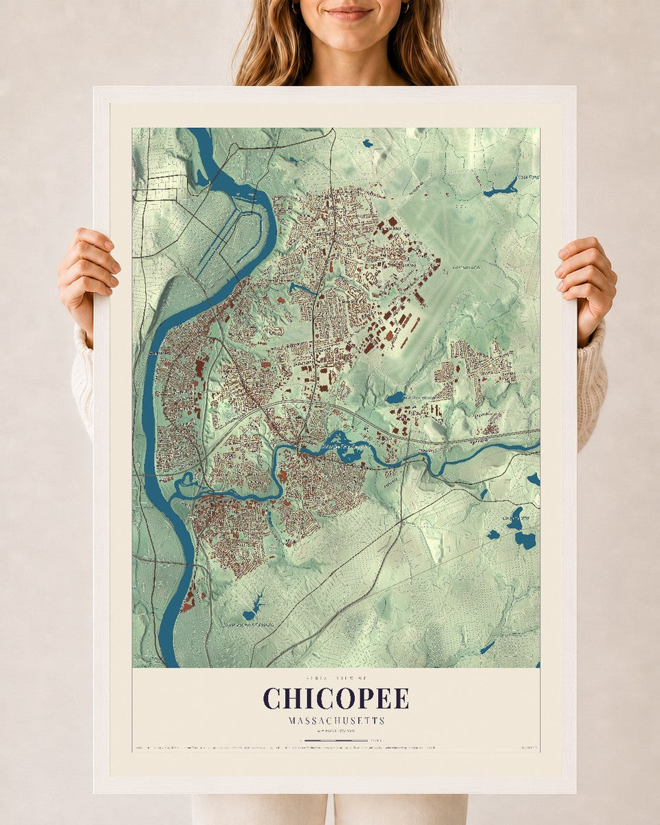 Chicopee, Massachusetts map print - 24 x 36 white Ayous wood frame
