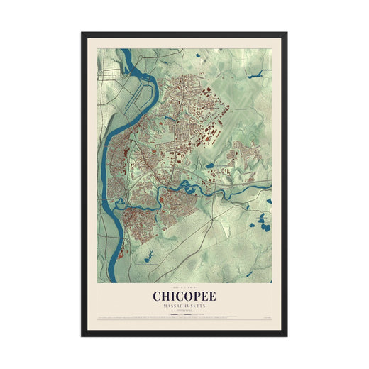 Map of Chicopee, Massachusetts, 12 x 18 inch print in a black wood frame