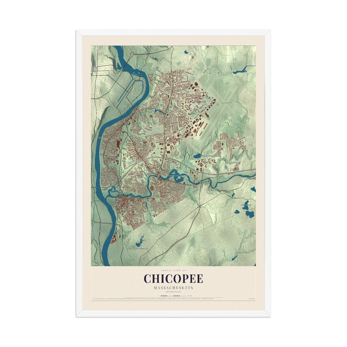 Map of Chicopee, Massachusetts, 12 x 18 inch print in a white wood frame