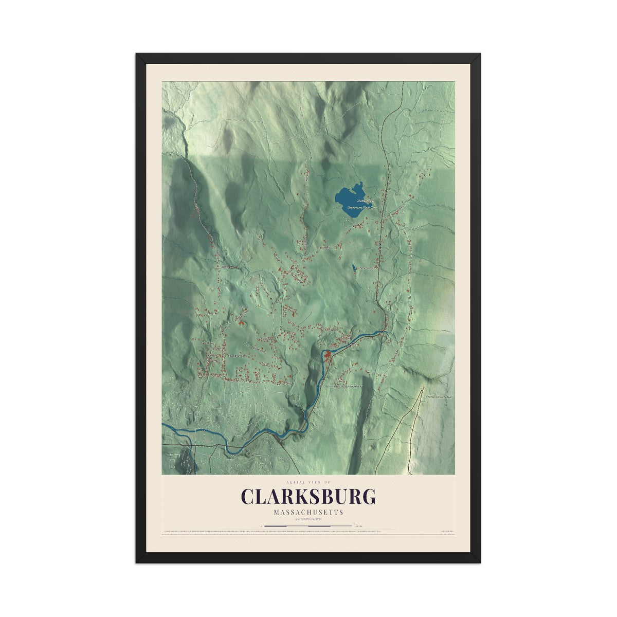 Map of Clarksburg, Massachusetts, 12 x 18 inch print in a black wood frame