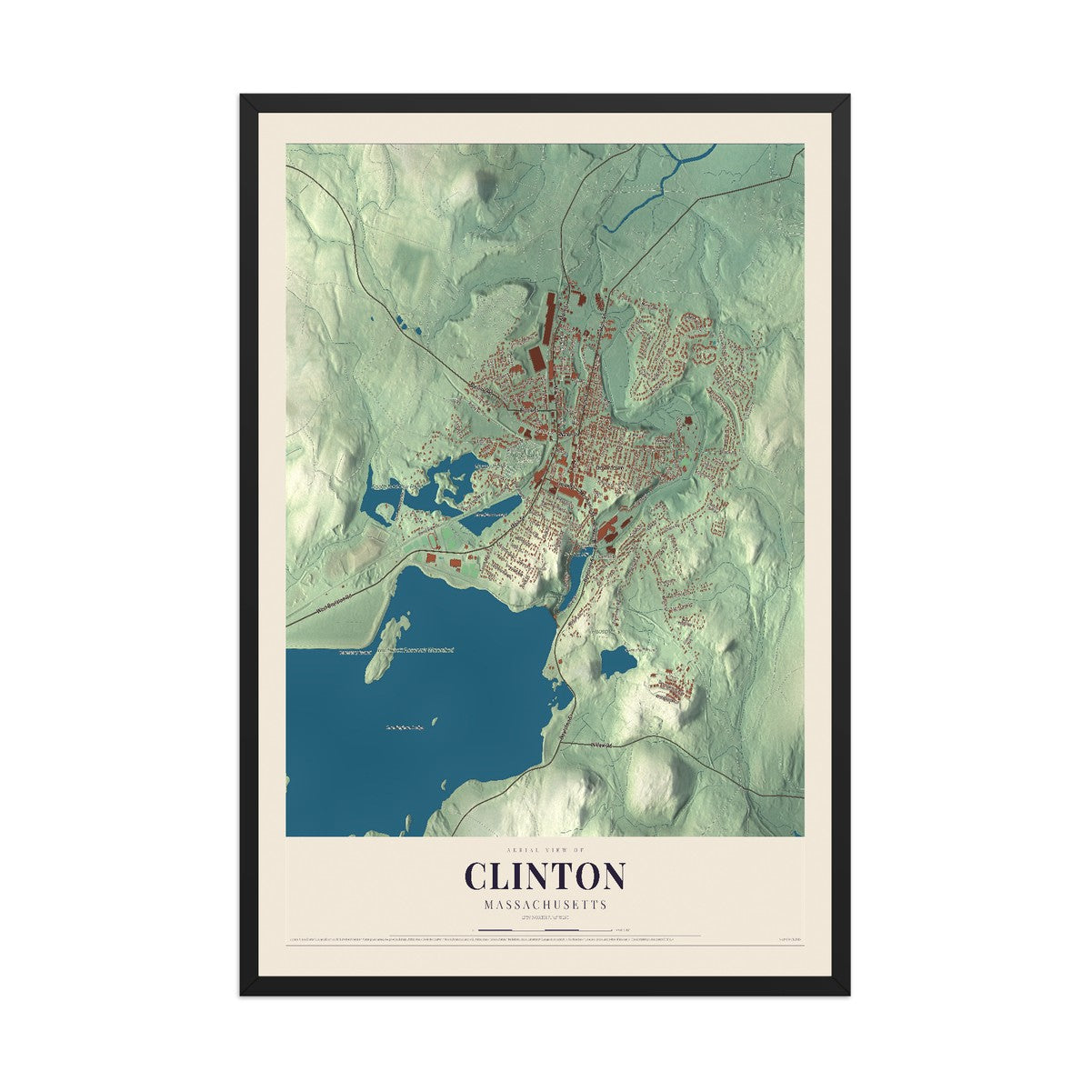 Map of Clinton, Massachusetts, 12 x 18 inch print in a black wood frame