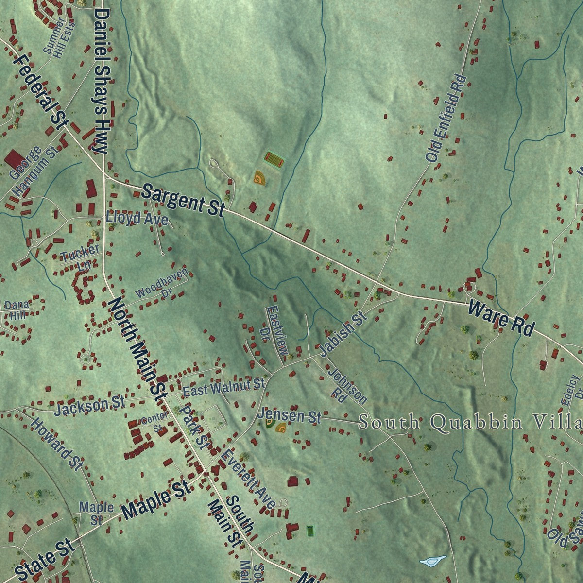 Close-up of the map of Cold Spring, Massachusetts print showing street and building detail