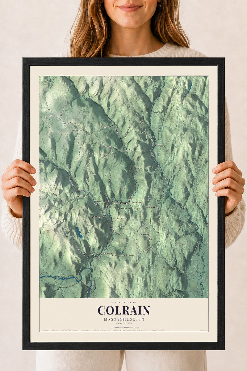 Colrain, Massachusetts map print - 18 x 24 black Ayous wood frame