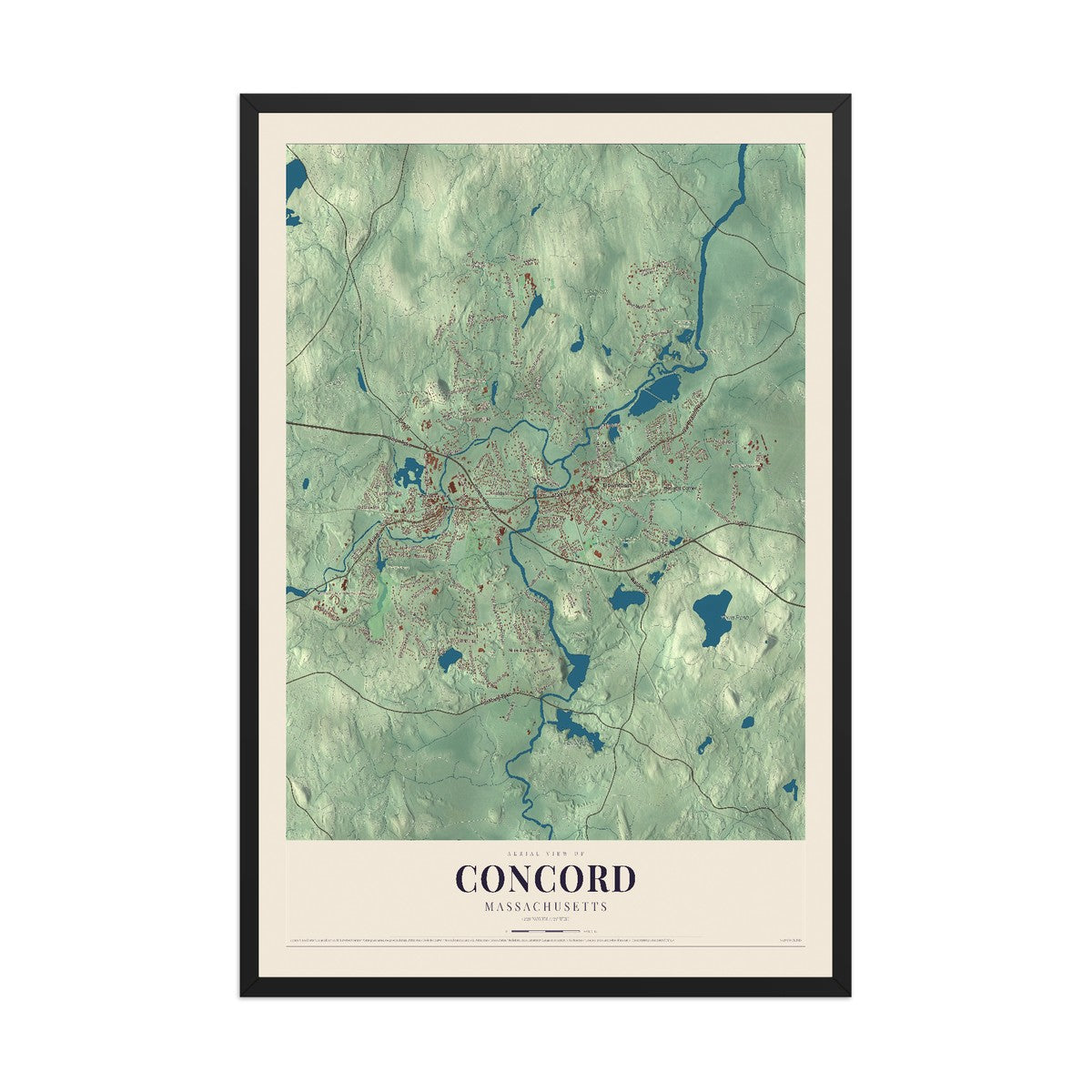 Map of Concord, Massachusetts, 12 x 18 inch print in a black wood frame