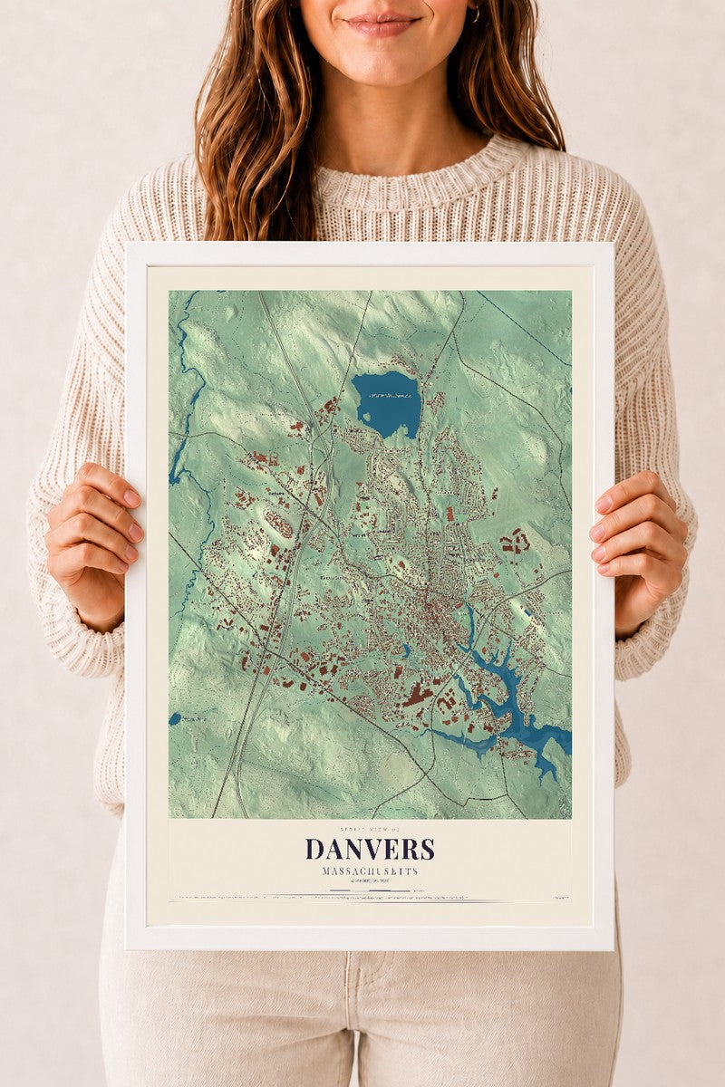 Danvers, Massachusetts map print - 12 x 18 white Ayous wood frame
