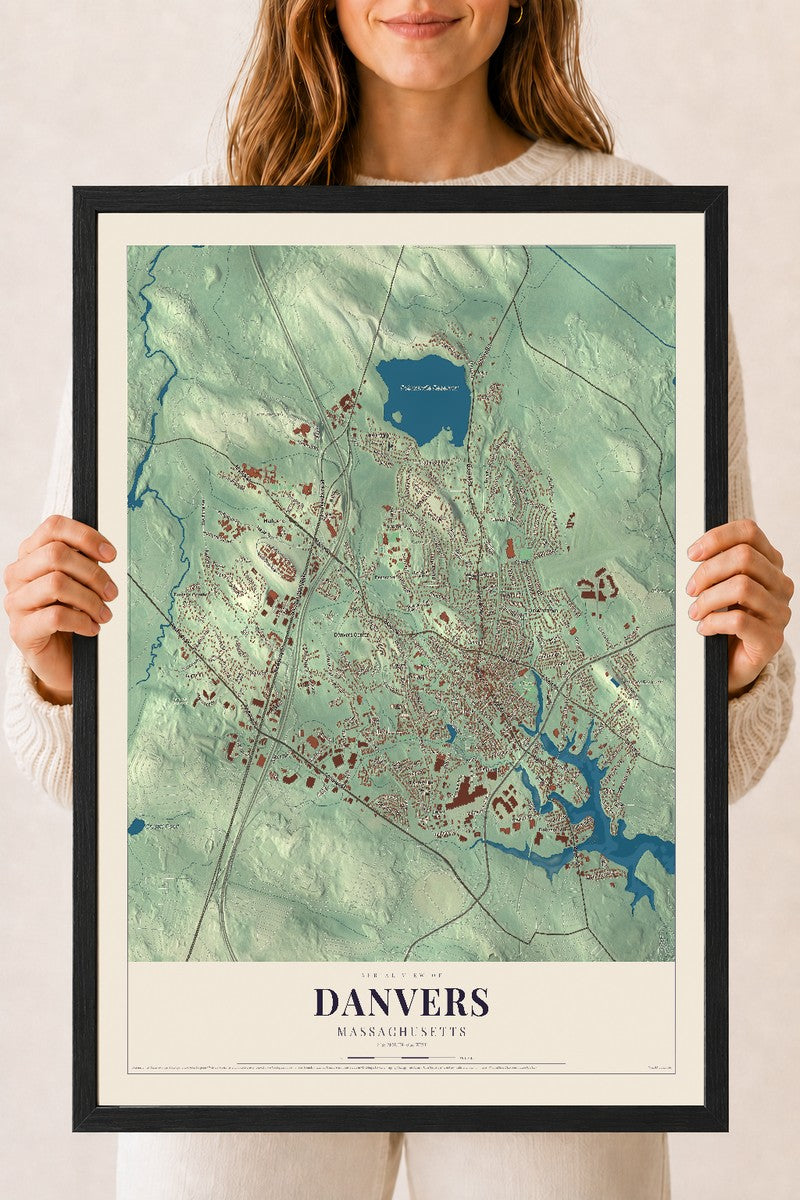Danvers, Massachusetts map print - 18 x 24 black Ayous wood frame
