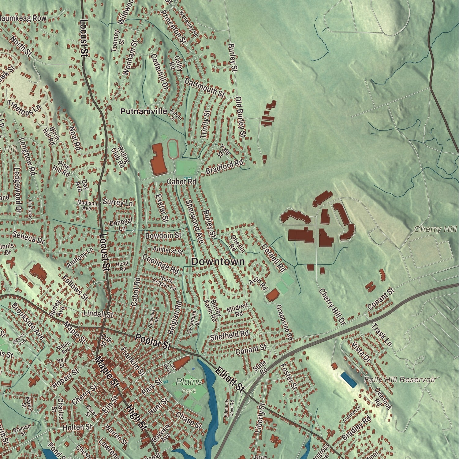 Terrain and local geography detail from the Danvers, Massachusetts map
