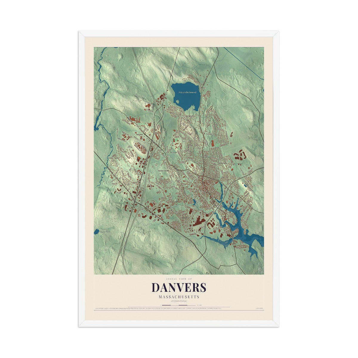 Map of Danvers, Massachusetts, 12 x 18 inch print in a white wood frame