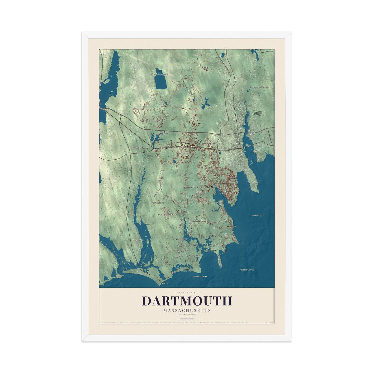 Map of Dartmouth, Massachusetts, 12 x 18 inch print in a white wood frame