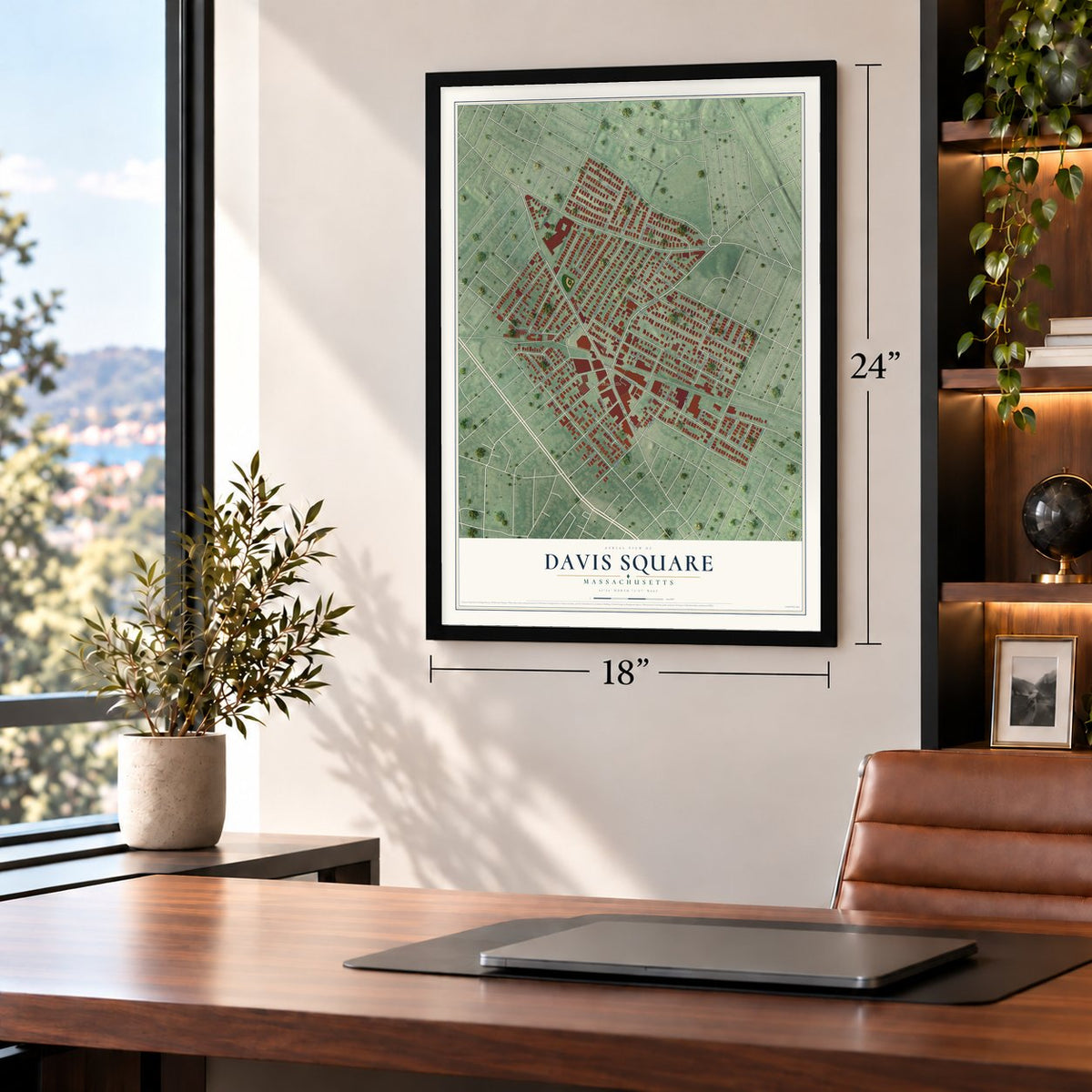 Davis Square, Massachusetts map, 18 x 24 inch print in a black frame in a home office