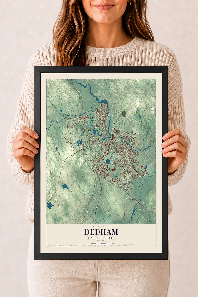 Dedham, Massachusetts map print - 12 x 18 black Ayous wood frame