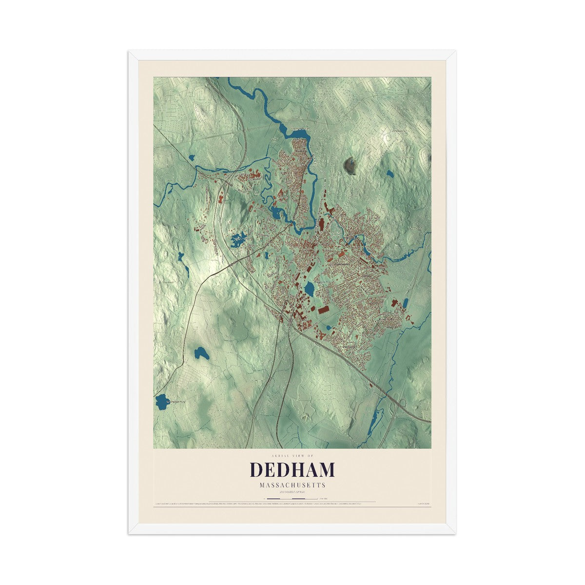 Map of Dedham, Massachusetts, 12 x 18 inch print in a white wood frame