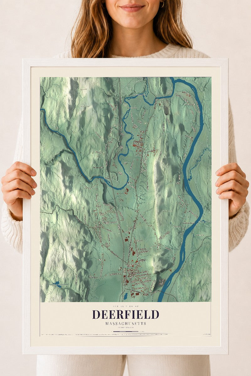 Deerfield, Massachusetts map print - 18 x 24 white Ayous wood frame
