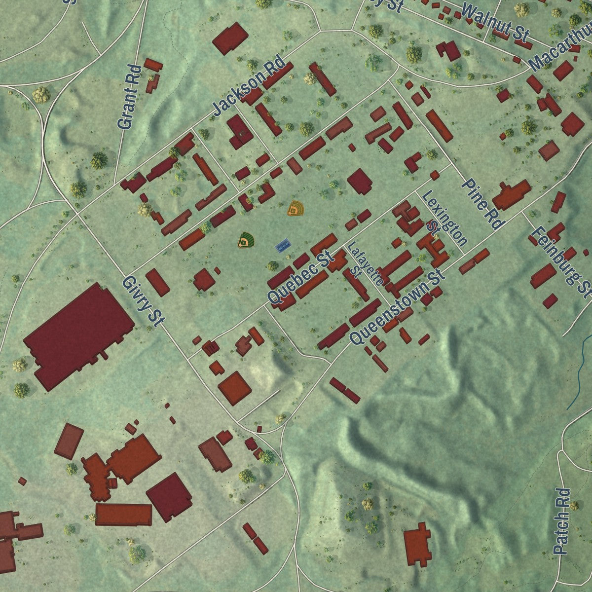 Close-up of the map of Devens, Massachusetts print showing street and building detail
