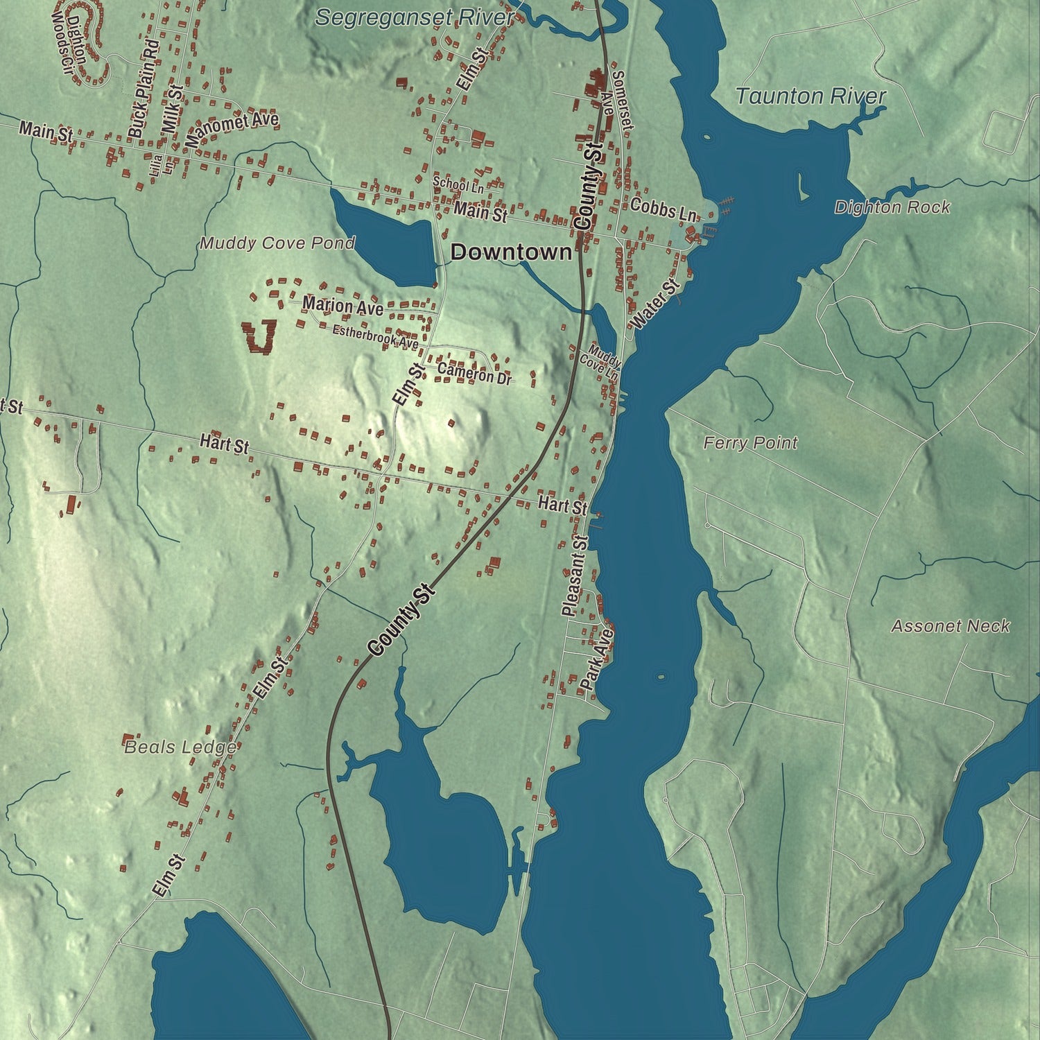 Terrain and local geography detail from the Dighton, Massachusetts map