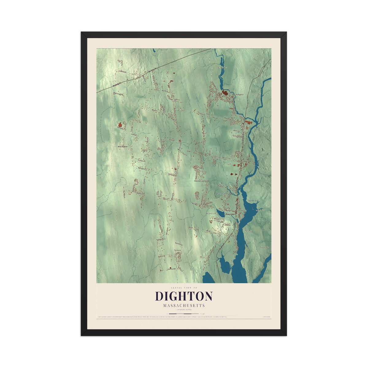 Map of Dighton, Massachusetts, 12 x 18 inch print in a black wood frame