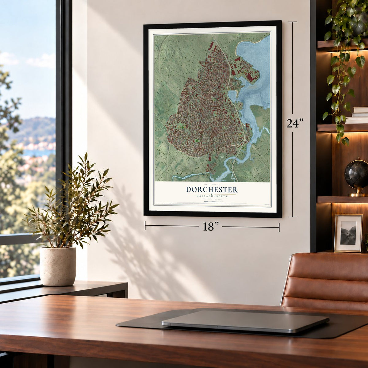 Dorchester, Massachusetts map, 18 x 24 inch print in a black frame in a home office