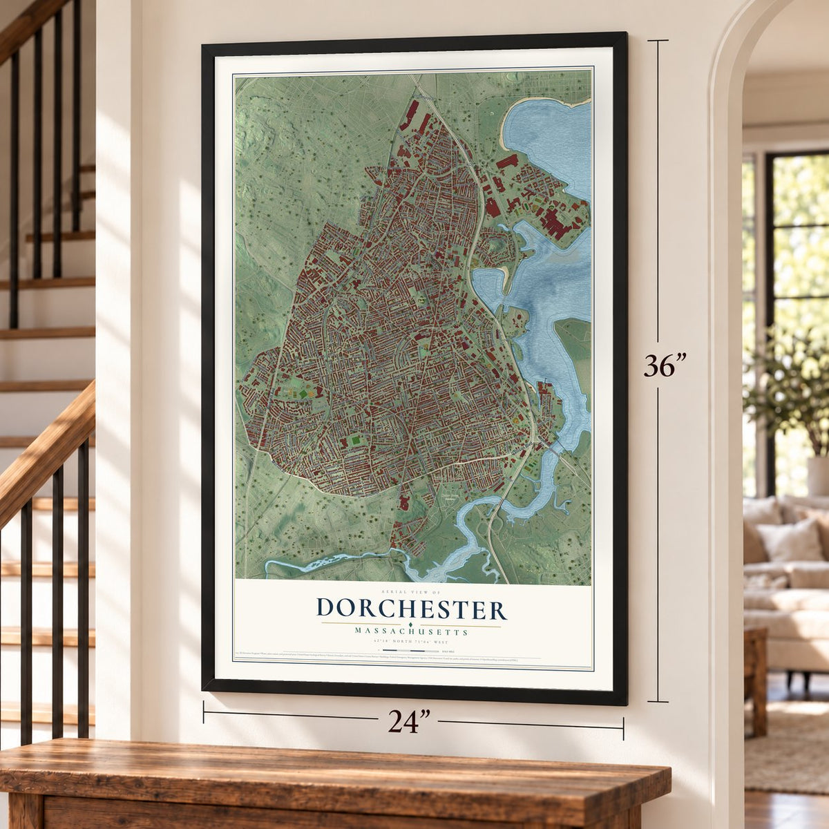 Dorchester, Massachusetts map, 24 x 36 inch print in a black frame by a staircase