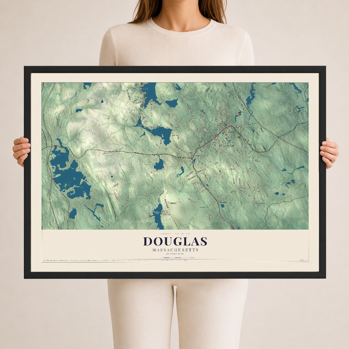 Douglas, Massachusetts map print - 24 x 36 black Ayous wood frame