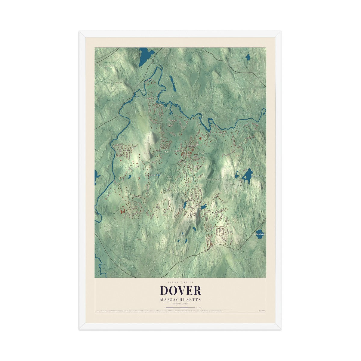 Map of Dover, Massachusetts, 12 x 18 inch print in a white wood frame