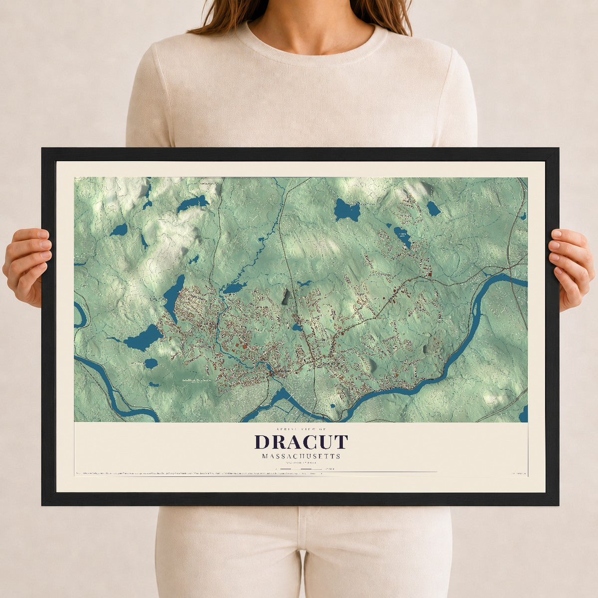 Dracut, Massachusetts map print - 12 x 18 black Ayous wood frame
