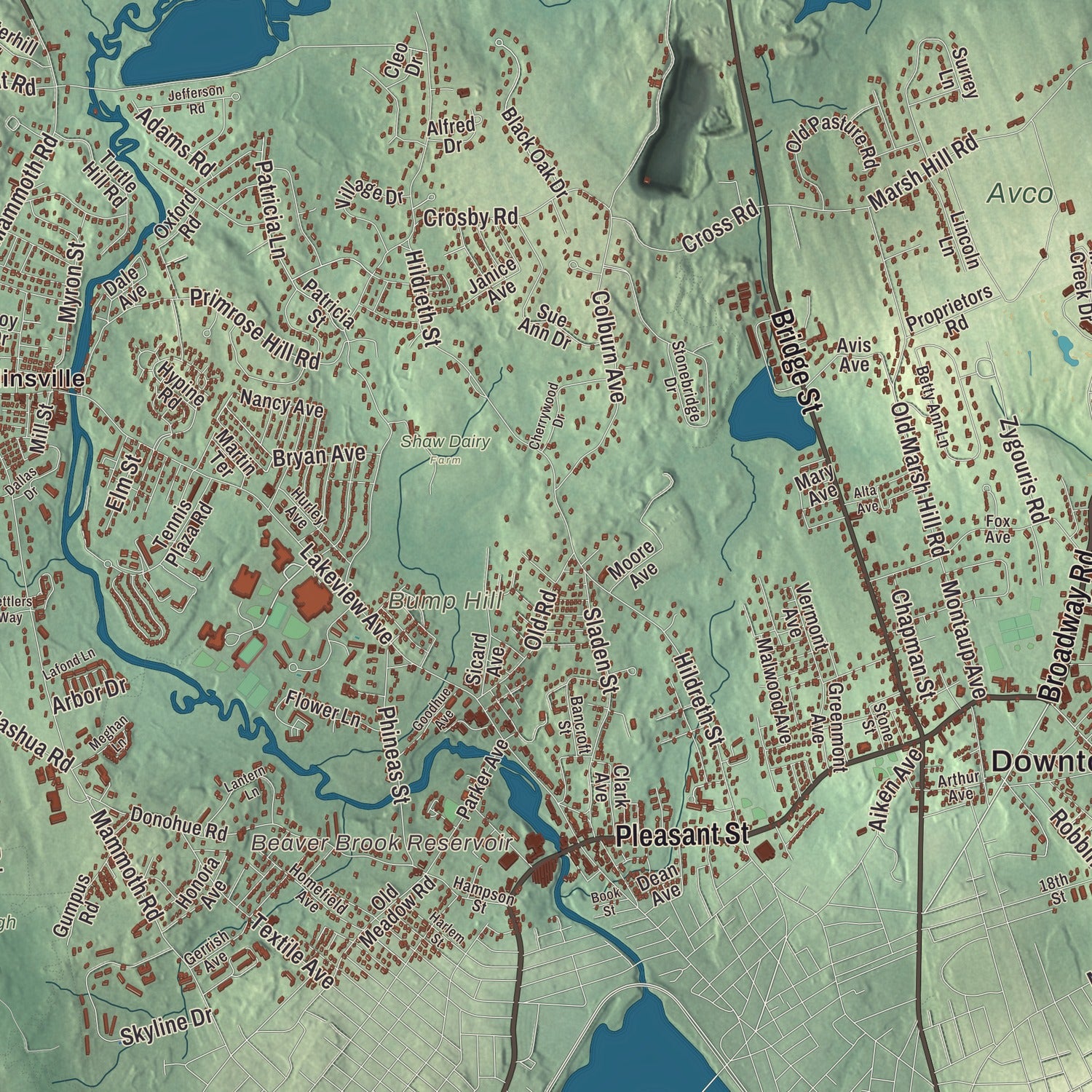Terrain and local geography detail from the Dracut, Massachusetts map