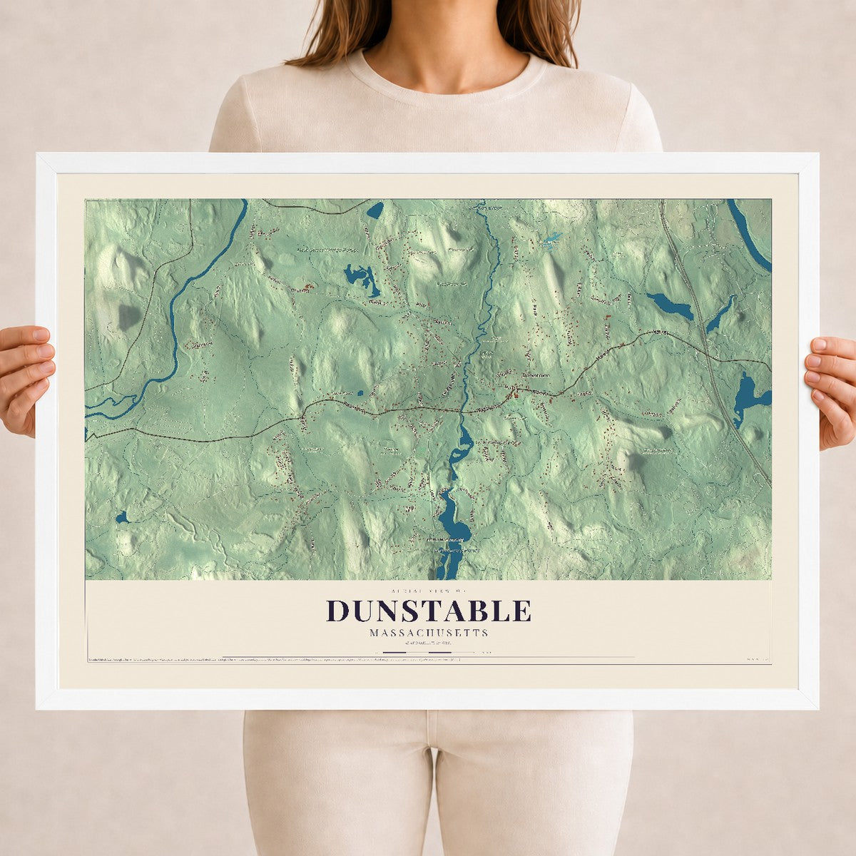 Dunstable, Massachusetts map print - 18 x 24 white Ayous wood frame