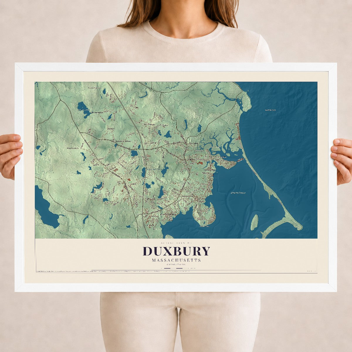 Duxbury, Massachusetts map print - 18 x 24 white Ayous wood frame